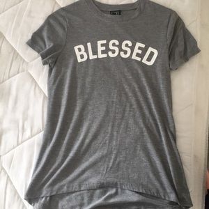 A grey t-shirt that says blessed